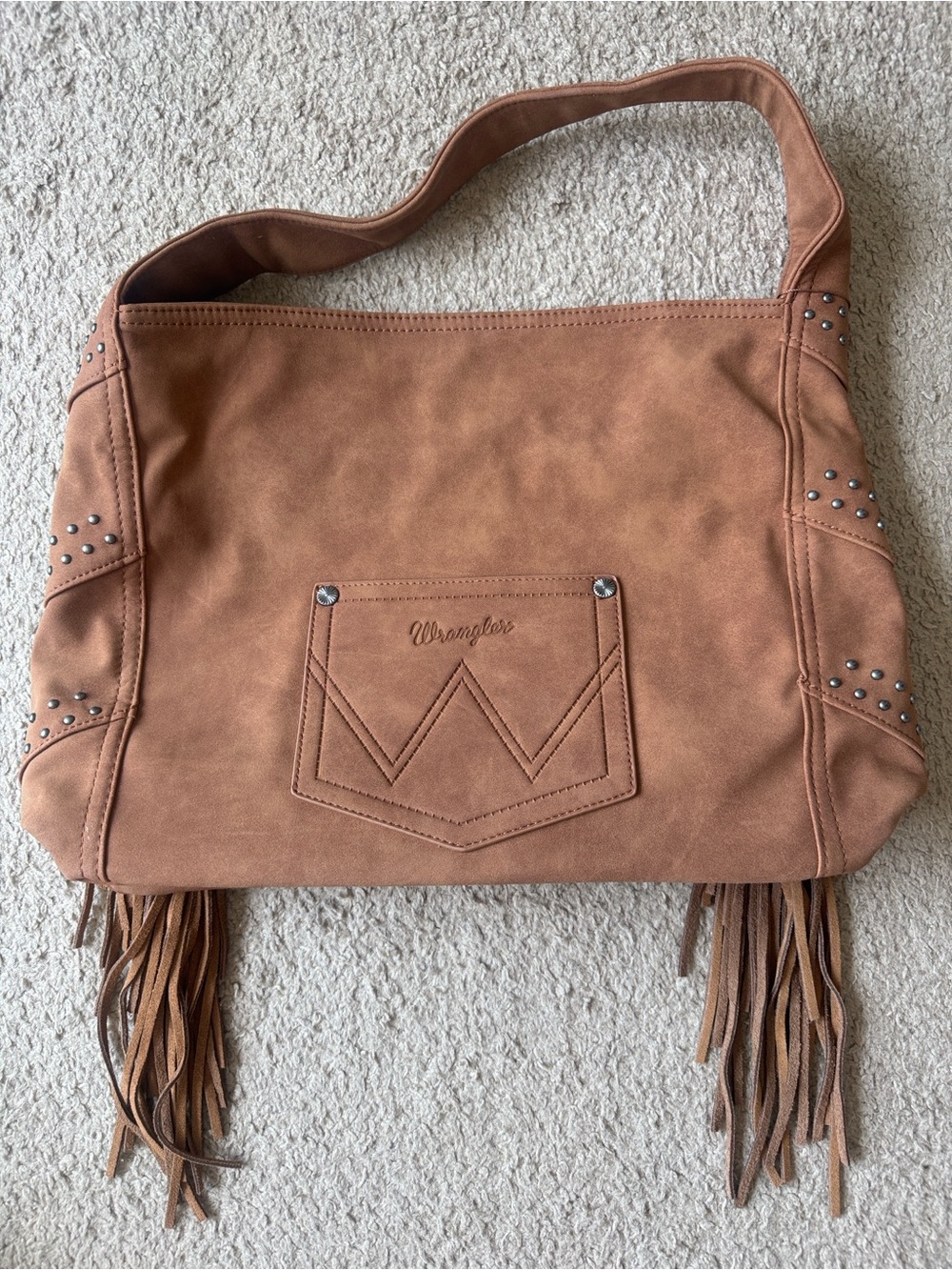 NWT WRANGLER WOMEN'S SHILOH FRINGE
STUDDED HOBO BAG - Brown/Tan - Picture 8 of 11